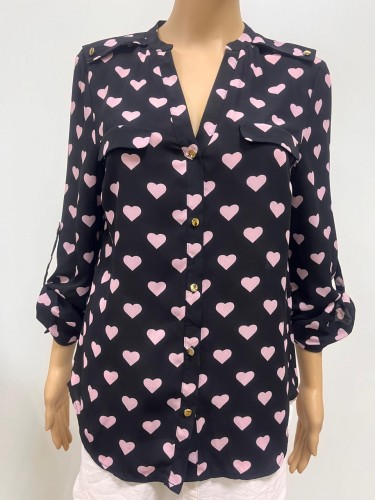 HEART PRINT BUTTON FRONT CASUAL LONG SLEEVE