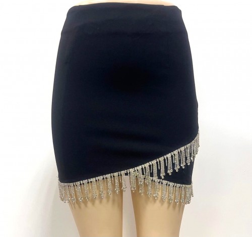 BLACK MINI SKIRT WITH EMBELISHED FRINGE HEM